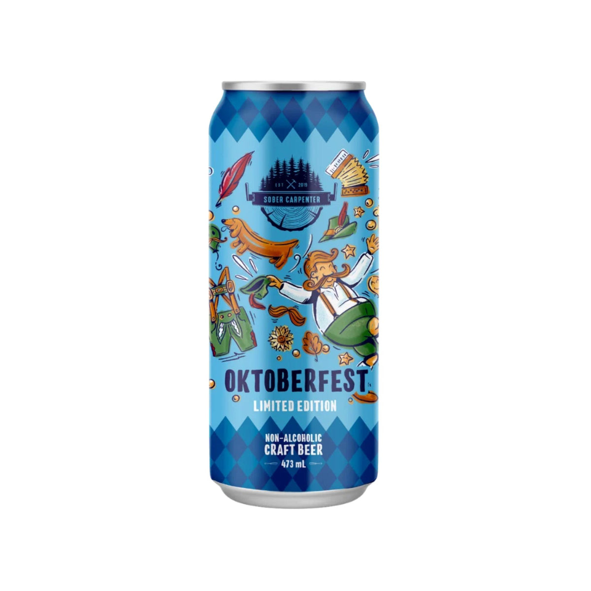 A tall aluminum can of Sober Carpenter Oktoberfest Limited Edition non-alcoholic craft beer stands against a plain light-gray background. The can features a bright blue design with a traditional Bavarian diamond pattern at the top and bottom. Colorful illustrations include a dancing figure, leaves, stars, and festive Oktoberfest-themed elements. Visible text reads “OKTOBERFEST,” “LIMITED EDITION,” and “NON-ALCOHOLIC CRAFT BEER 473 mL.” The playful artwork creates a cheerful, celebratory appearance.
