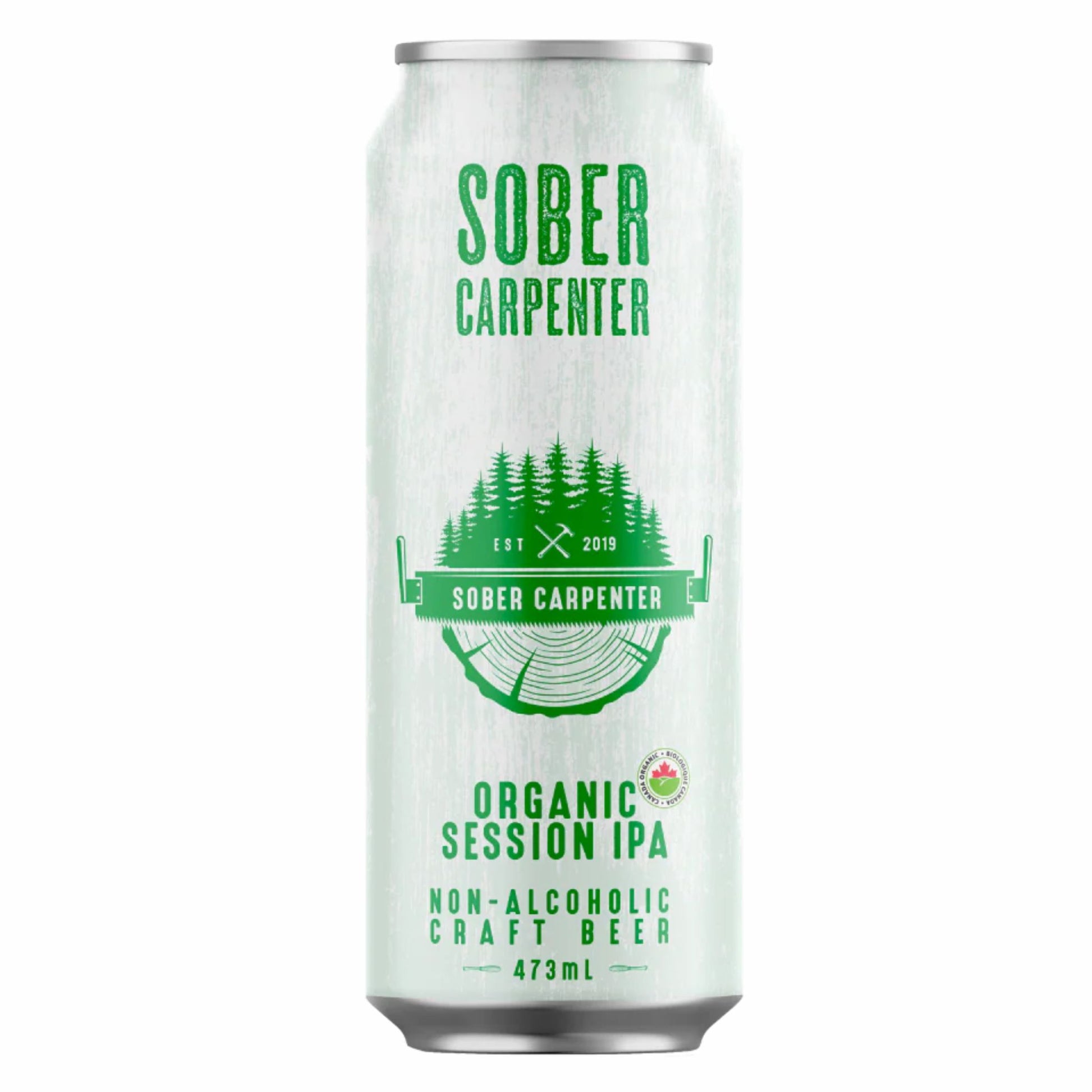 A full-shot image of a 473ml can of Sober Carpenter Organic Session IPA. The can has a white, textured design resembling distressed wood grain, featuring a prominent logo with a green cluster of pine trees, a cross-hatched axe, and a circular wood-cut graphic. Bold green text clearly labels the product as "Sober Carpenter," "Organic Session IPA," and "Non-Alcoholic Craft Beer," highlighting its use of Galaxy hops for tropical and citrus notes. Proudly crafted in Quebec.
Available at Knyota Drink in Ottawa.
