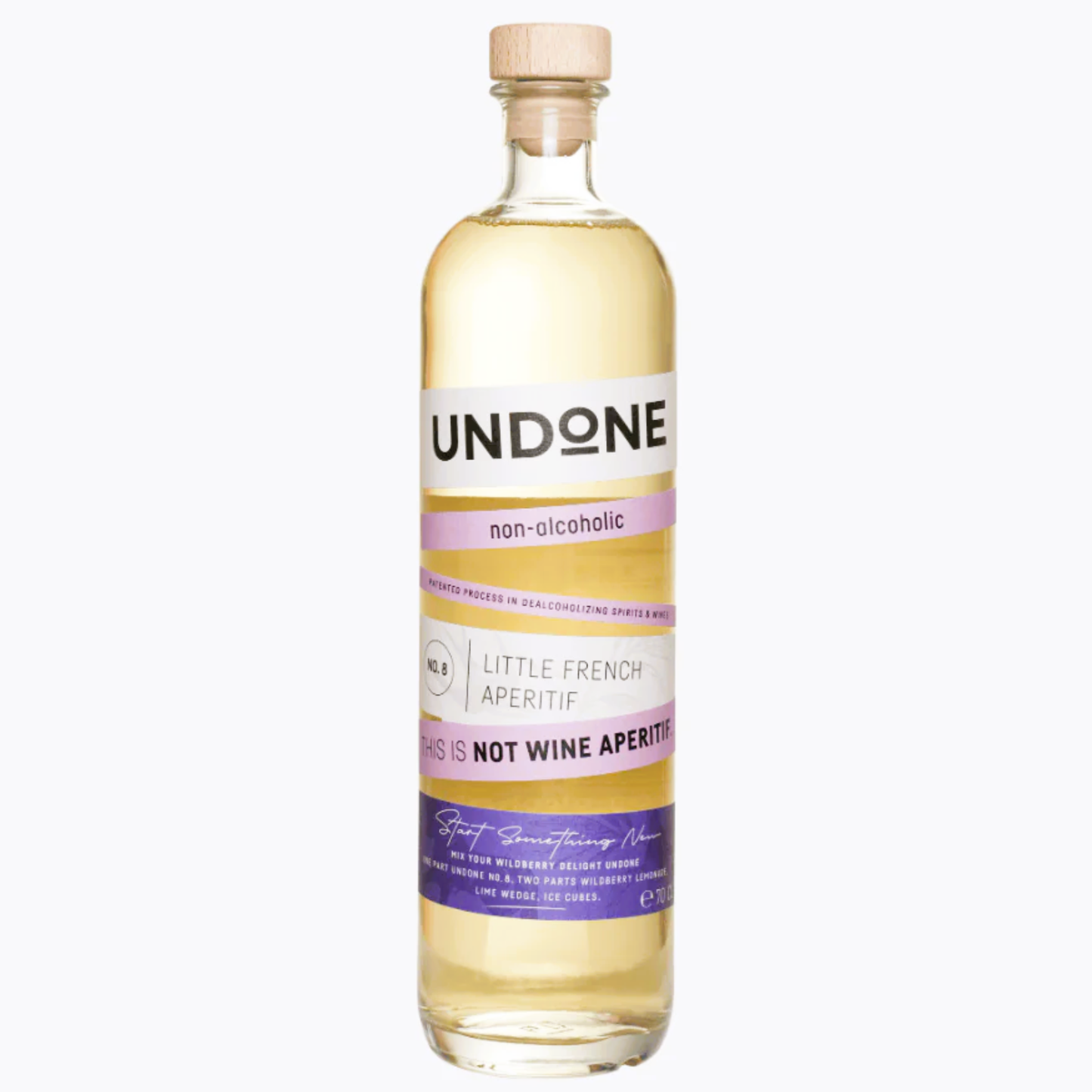  A tall, clear glass bottle of UNDONE Non-Alcoholic Little French Aperitif. The liquid inside is clear or very pale yellow/straw-colored. The bottle is sealed with a natural wood-colored cork stopper. The label wraps around the bottle with alternating horizontal stripes of white and a muted, pale lavender/purple color. Key text on the label, from top to bottom, includes: UNDONE, NON-ALCOHOLIC, a smaller section indicating LITTLE FRENCH APERITIF next to the number 08, and a prominent deep purple stripe that 