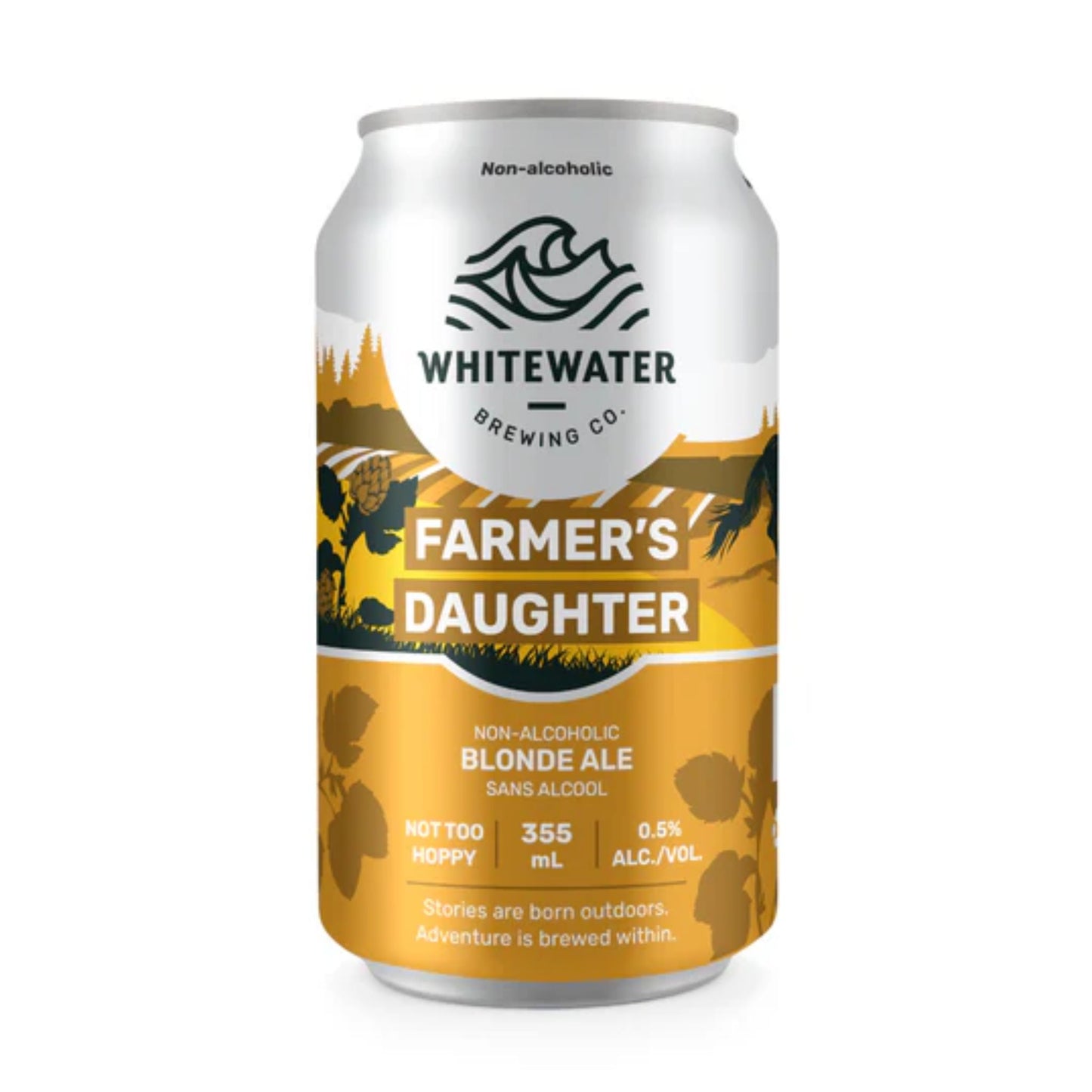 A silver can with a yellow label featuring the Whitewater Brewing Co. logo. The label also says "Farmer's Daughter," "Non-Alcoholic Blonde Ale," and "Not Too Hoppy." The can size is 355 mL and the alcohol content is 0.5% ABV. The tagline reads, "Stories are born outdoors. Adventure is brewed within.