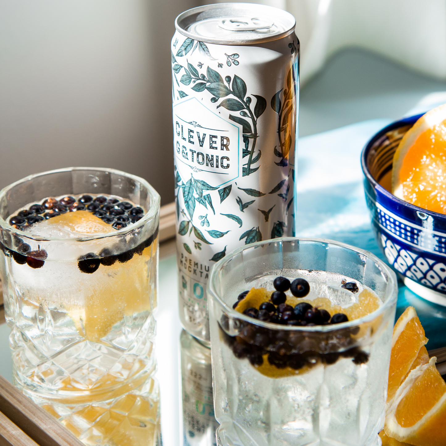 A photo of Clever G & Tonic poured in glasses. Knyota Drinks sells this alcohol alternative on its online store knyota.com.