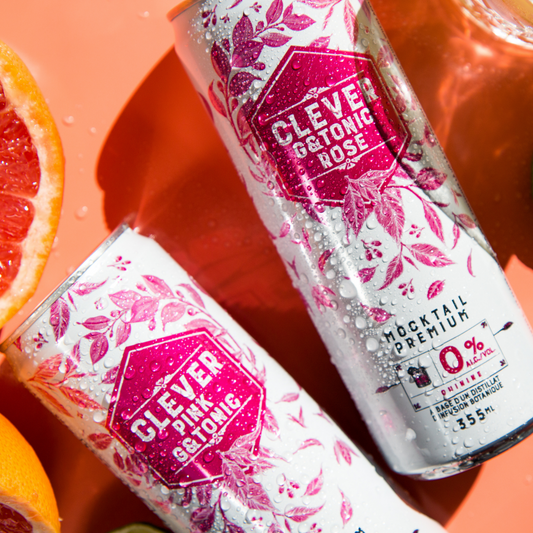 Two cans of Clever Pink G & Tonic next to a piece of grapefruit. These wonderful mocktails are available at knyota.com.