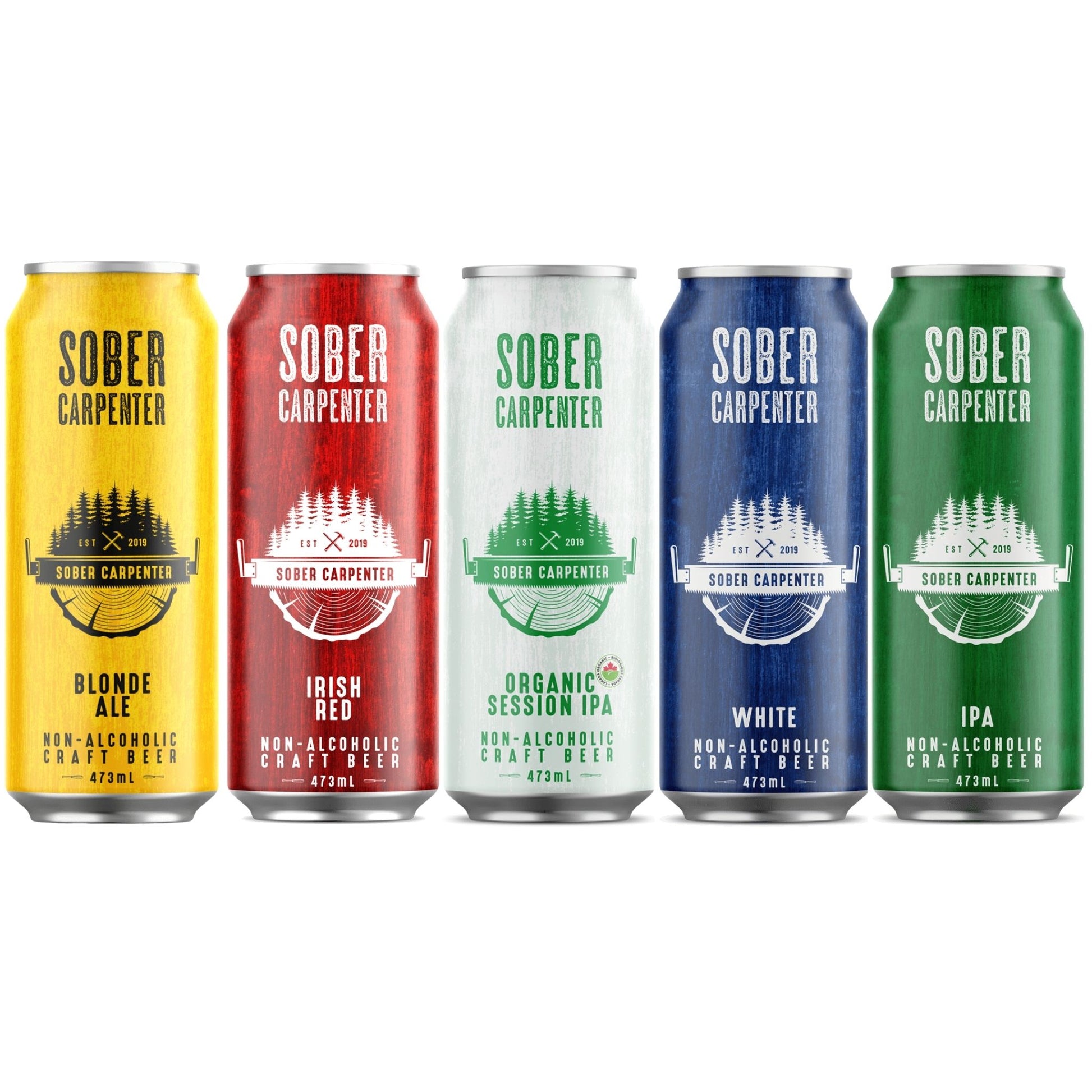 A photo of a variety pack of Sober Carpenter's premium craft non-alcoholic beer. Brewed in Canada by a microbrewery dedicated to non-alcoholic craft beer. Sold online and available for delivery by Knyota Drinks.