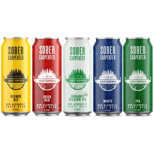 A photo of a variety pack of Sober Carpenter's premium craft non-alcoholic beer. Brewed in Canada by a microbrewery dedicated to non-alcoholic craft beer. Sold online and available for delivery by Knyota Drinks.